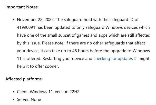 微软修复游戏性能故障向受影响设备开放Win11 22H2升级通道