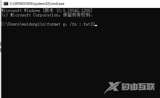 在命令提示符窗口中输入“format g：/fs : fat32