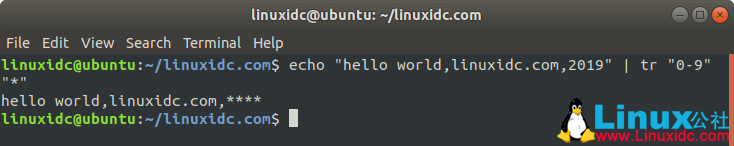 echo "hello world,558idc.com,2019" | tr "0-9" "*