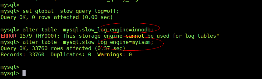 MySQL slow_log表不能修改成innodb引擎