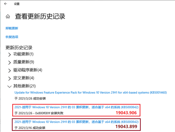 Win10电脑安装KB5000842出现错误代码0x