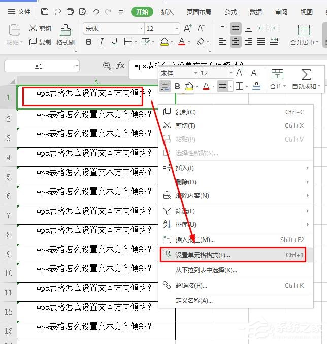 wps表格怎么设置文本方向倾斜