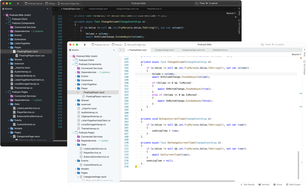 浅色和深色主题的 Visual Studio for Mac，显示打开的代码文件。