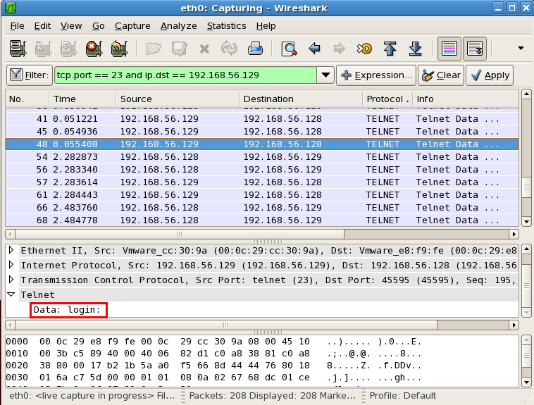 Linux下wireshark抓包验证telnet明文传输密码_linux_05