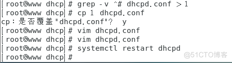 rootoww dhcpl grep - v dhcpd. conf > I 
[ dhcplg cp 1 dhcpd. conf 
cp • dhcpd. conf'? y 
dhcpl vim dhcpd. conf 
[ dhcpl vim dhcpd. conf 
I rootarwv dhcpl systemctl restart dhcpd 
dhcpl 