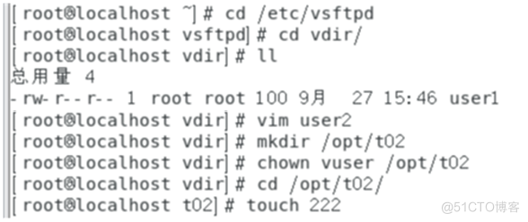 I rootstocalhost cd /etc/vsttpd 
I rm)t'localhost vsttpdlS cd "dir/ 
root'tocathost vdirl: 
root root 100 9B 27 15:46 userl 
I rm)t8tocathost vdirl# vim user2 
I mkdir / opt/t02 
I Chown / opt/t02 
I vdirl# Cd / opt/t02/ 
I touch 222 