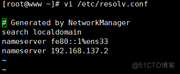 vi /etc/resotv.conf 
Generated by NetworkManager 
sea rch localdomain 
nameserver fe80: : 18ens33 
nameserver 192.168.137.2 