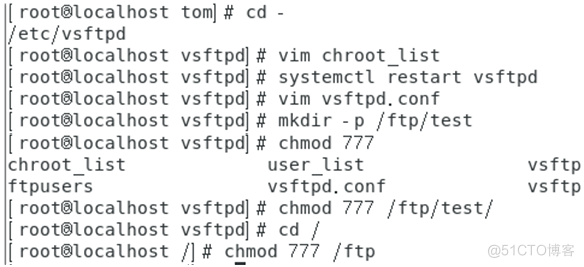 I rooťlocalhost 
/etc/vsftpd 
rootaocalhost 
root810caIhost 
I root810caIhost 
I root810eathost 
I rOOtâlOtałhOSt 
Chroot list 
ftpusers 
I rootaocalhost 
I rootaocalhost 
I rooťlocalhost 
toml# cd • 
vsftpd # 
vim chroot list 
vsftpd g 
systemctl restart vsftpd 
vsftpdl g 
virn vsftpd. conf 
vs ftpdl g 
mkdlr -p / ftp/test 
vsftpdl 
Chmod 777 
user 
vsftpd.conf 
vs ftpdl# chmod 777 / ftp/test/ 
vsftpdl# cd / 
Qmod 777 / ftp 
vs ftp 
vs ftp 