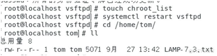 rootmocalhost vsftpdl touch chroot_list 
root'localhost vsftpdl syste•ctt restart vsftpd 
root'localhost vsftpdl cd "home/ tom/ 
root•tocalhost tomlg 
ton tom 5071 9B 27 13:42 