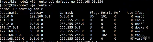 I route 
rootekBs-node2 route - 
Kernel IP routing table 
o.o.o.o 
0.0.00 
1 1.1.o 
2.2.2.0 
del default gu 
Gen•ask 
192.168.90.254 
Flags &tric 
UG 101 
Destination 
172.17,o.e 
102.168 .o.ö 
192.168.90.0 
192.168. 
Gateway 
192.16B .0.1 
Ref 
255 . 255 .255 
255 . 255.255 
255.255 .e.o 
255 .255 .255 
255 . 255.255 
255 . 255 255 
[face 
Use 
O ens33 
O ens32 
O ens32 
o dockerø 
O ens33 
o ens32 
O virbrö 