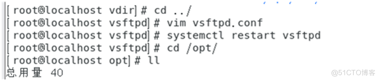 root'localhost 
root'localhost 
root•tocalhost 
I rootmoCaLhoSt 
host 
40 
vdirl% cd / 
vsftpd # vim vsftpd.conf 
vsftpd systemctl restart vSftpd 
vsftpdl# Cd / Opt/ 
optlg 