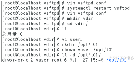 [ root•tocalhost 
root•tocalhost 
root'loca thost 
[ root810ca thost 
root8toca Ihost 
[ root'localhost 
root•tocalhost 
vsftpdl # 
vsftpdl # 
vsftpd # 
vsftpd 
vsftpdl g 
Vim vsftpd_ conf 
systemctl restart vsftpd 
vim vsftpd. conf 
mkdir vdir 
cd vdir/ 
vdirlg u 
vdirlg vi 
vdirl# / Opt/tOl 
Vdirl# chown "user 
vdirl# -d /opt/tOI/ 
ruxr- xr-x 2 vuser root 6 9k 27 1 S; 46 / opt/tOI/ 