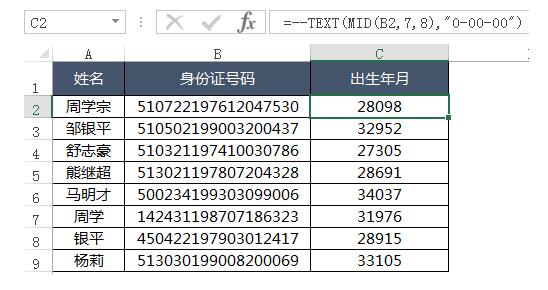 提取身份证号码的出生年月的公式(1)