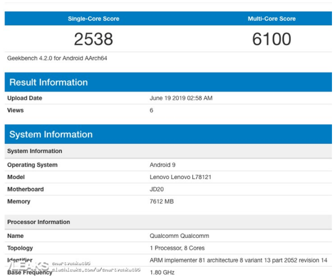 联想Z6 Geekbench跑分曝光：单核2538，多核6100