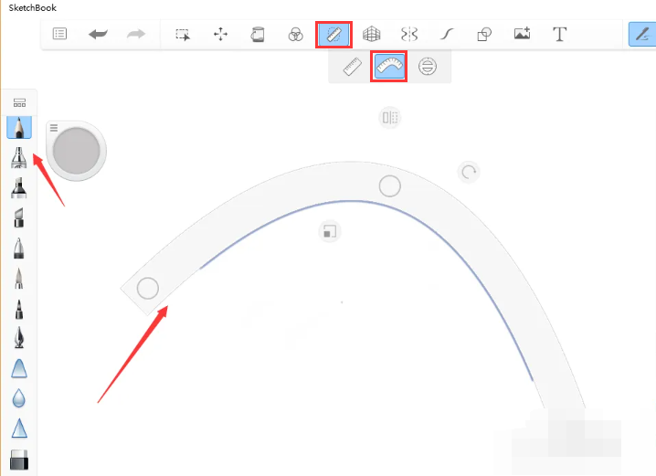 sketchbook导向工具在哪？妙笔生花怎么绘制弧线？