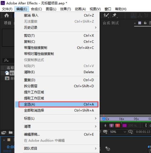 AE怎么设置全选？AE设置全选操作教程截图