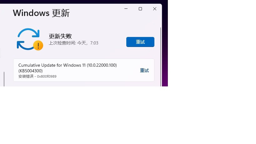 Win11安装补丁KB5004300出现错误代码0x800f0989解决办法截图