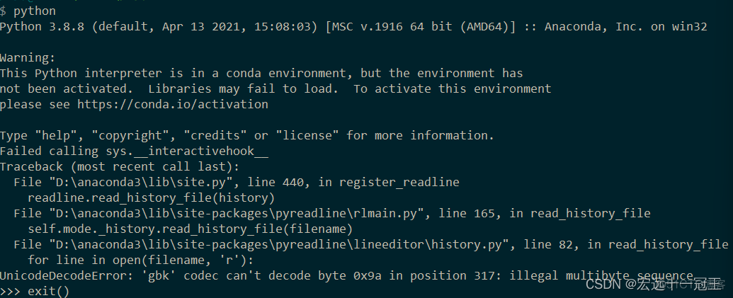 打开conda环境报错：UnicodeDecodeError: ‘gbk‘ codec can‘t decode byte 0x9a in position 317: illegal multibyt_python