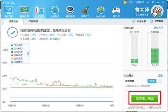 点击上方的“温度管理”面板选项，进入到温度监控界面