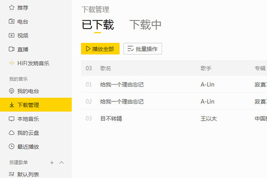 在“下载管理”选项中可以看到刚刚下载的歌曲