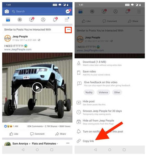 copy facebook video link on android