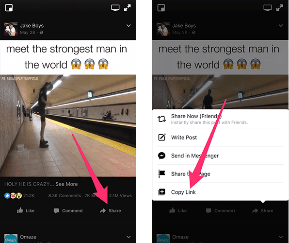 copy facebook video link on iphone