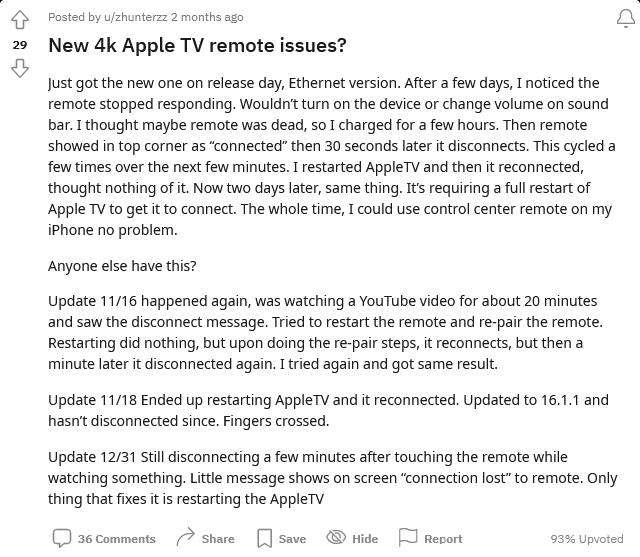 苹果 Apple TV 4K 用户反馈 Siri Remote 遥控器出现连接问题