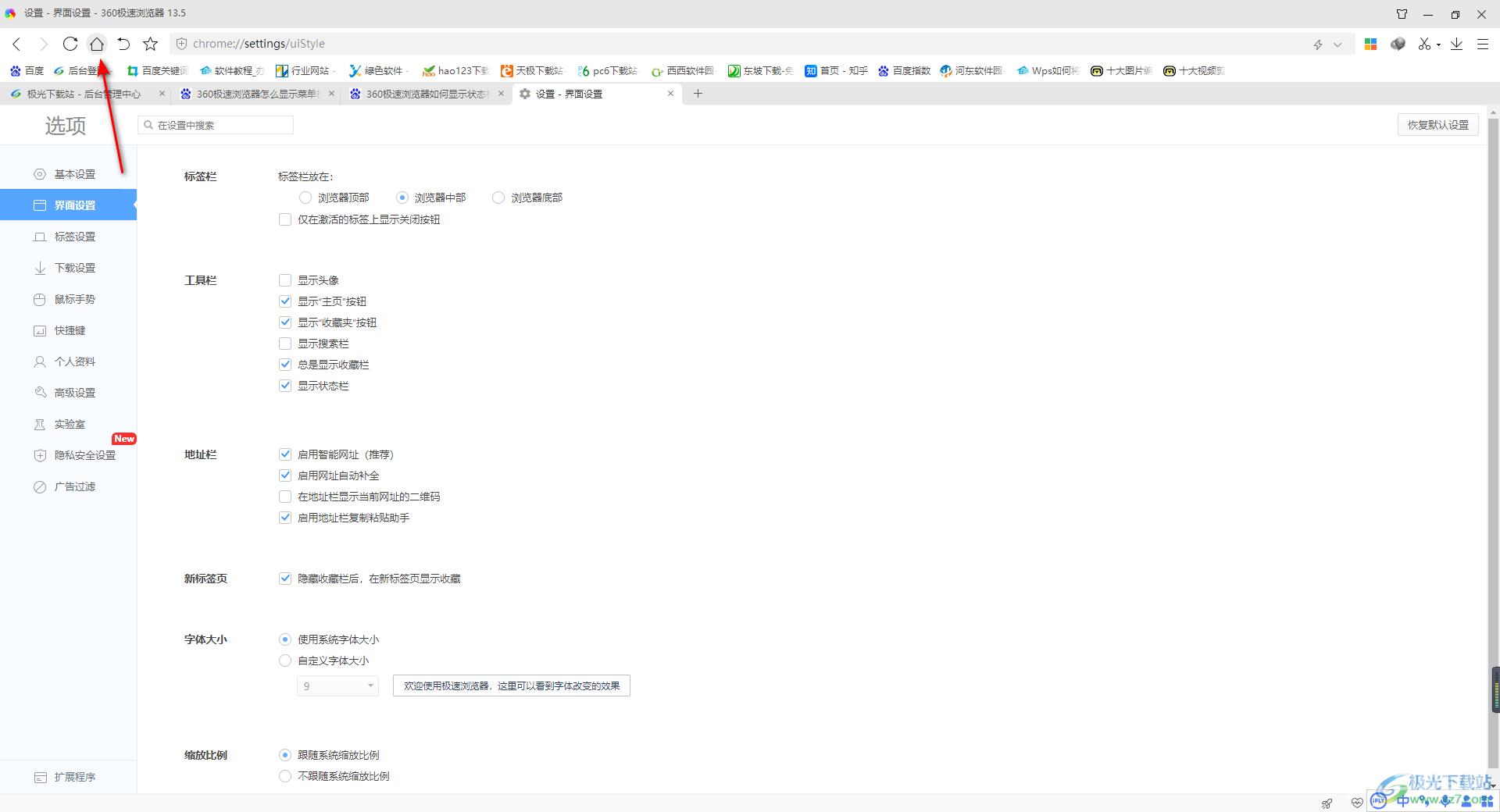 360极速浏览器设置显示主页按钮的方法