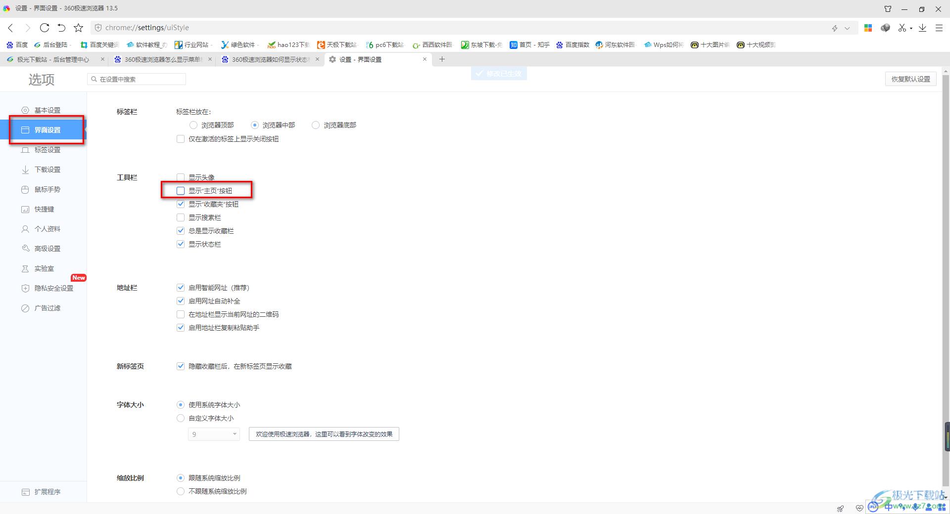 360极速浏览器设置显示主页按钮的方法