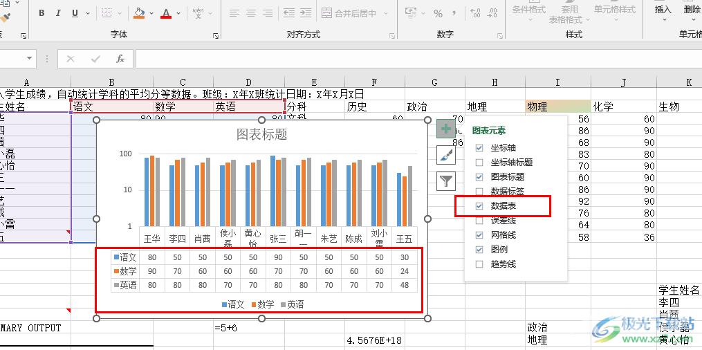 Excel图表下方显示数据表的方法