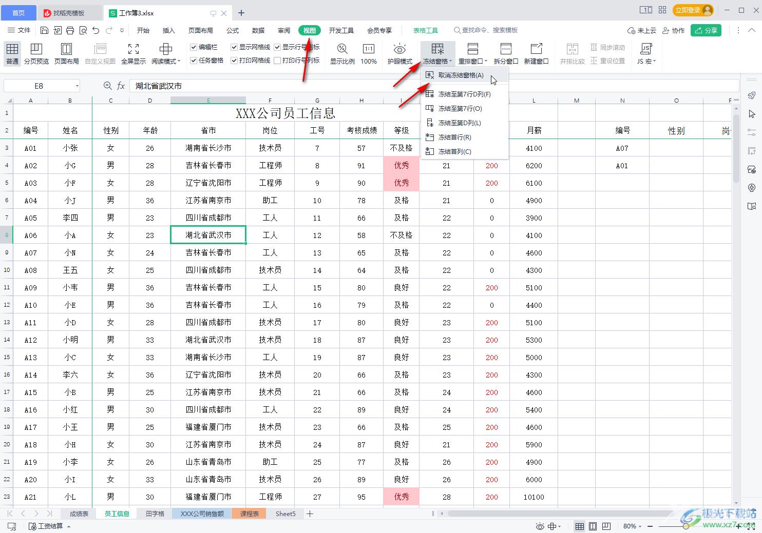 WPS表格冻结任意行和列的方法教程